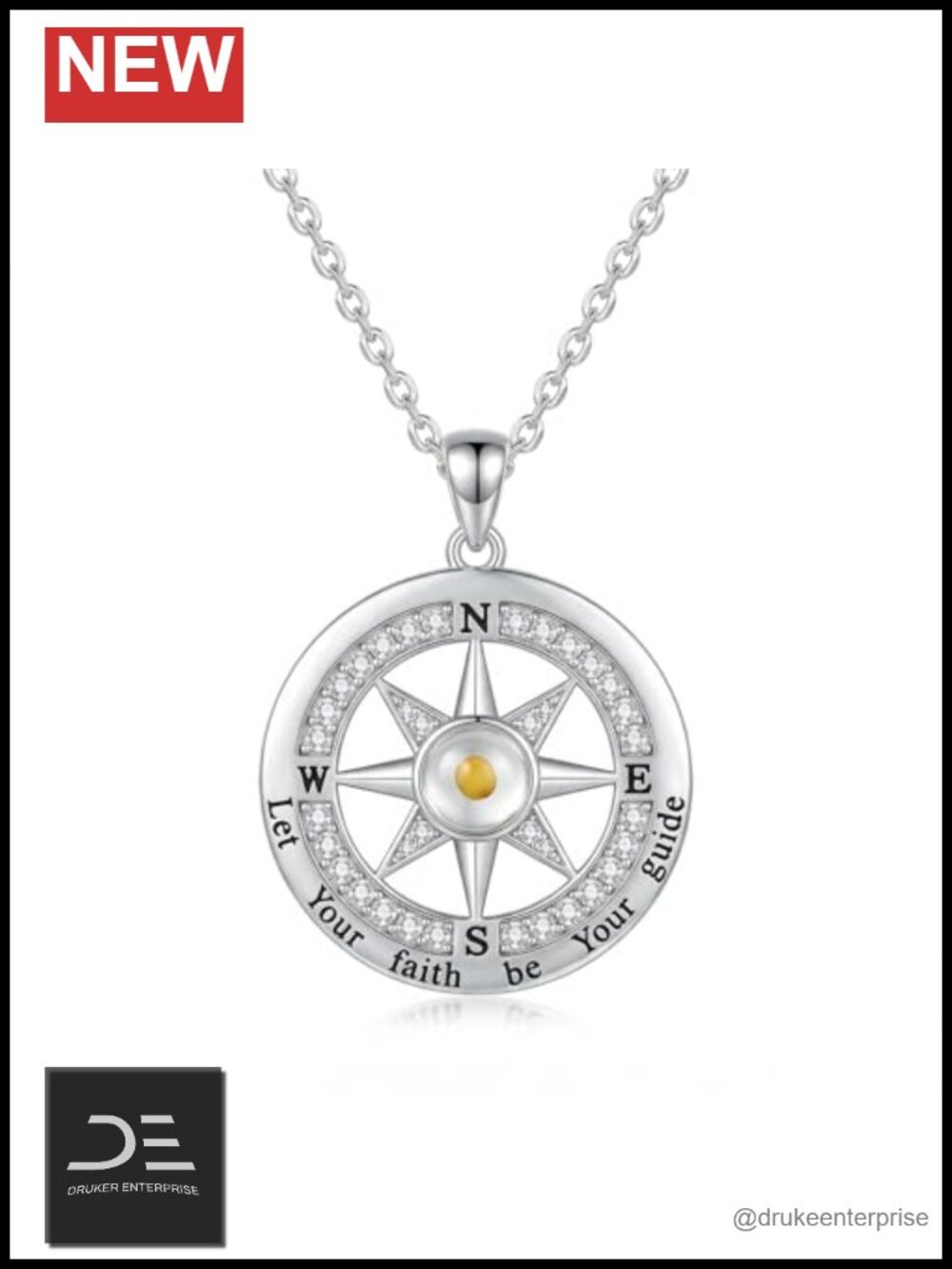 925 Sterling Silver Compass Necklace for Women, Cubic Zirconia Pendant Faith